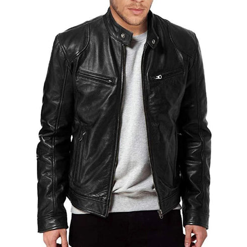 Slim Fit Casual Leather Motorcycle Jacket for Men - Stylish Autumn PU Coat with Lapel and Anti-Wind Features, Perfect for Everyday Wear